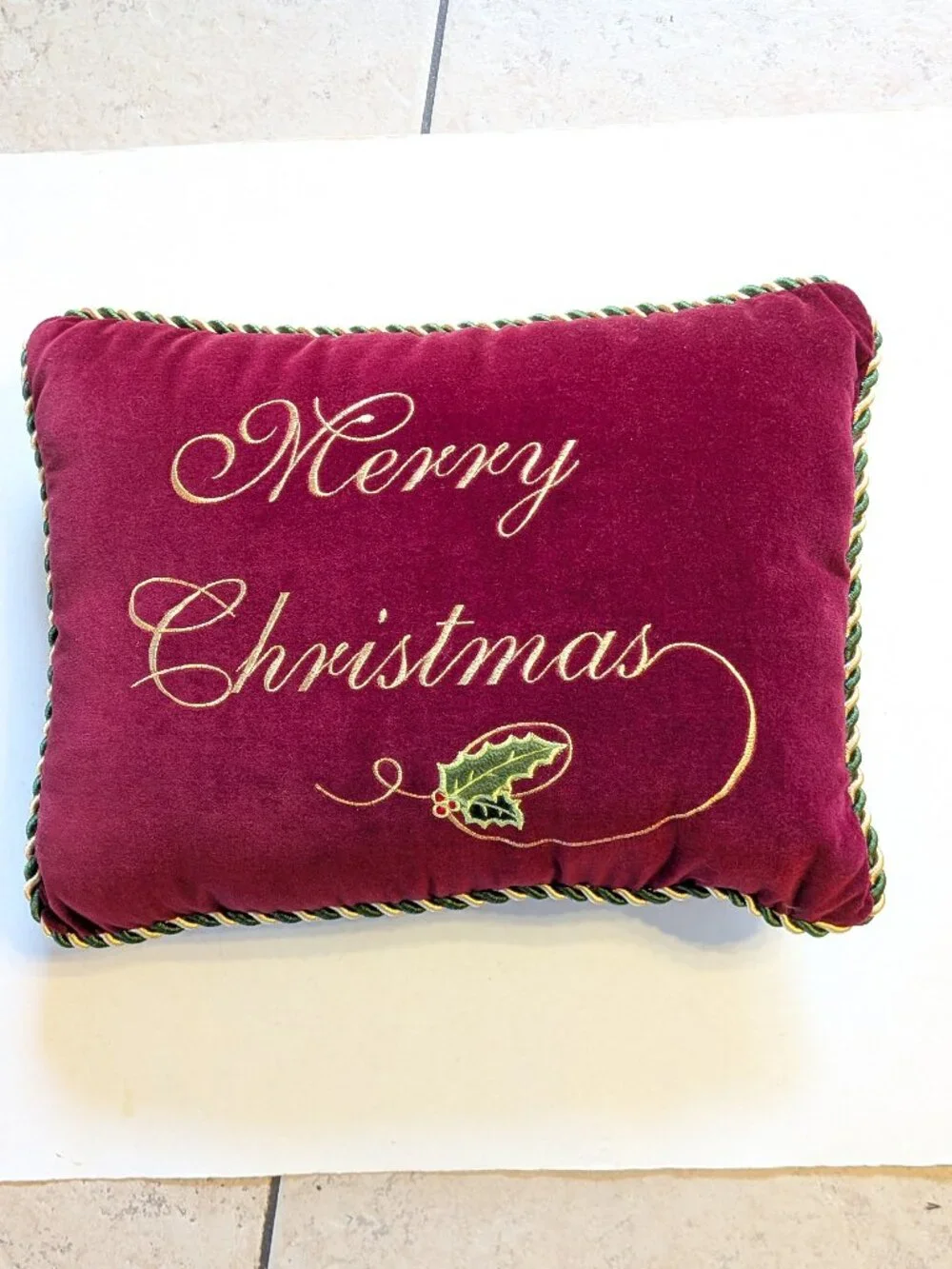 Embroidered Christmas Pillow Red Cotton Velvet cord 17